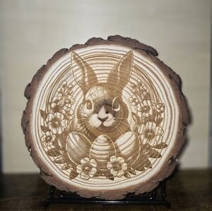 Easter Bunny, 6 inch Round, Laser Engraved Nautral Wood, With Stand